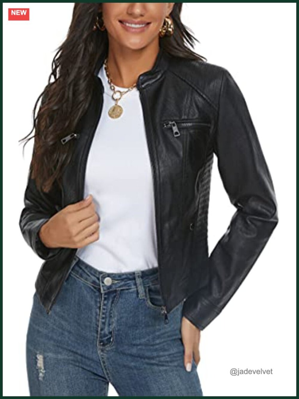 Faux Leather Jacket Women Moto Biker Stand Collar Slim Fit Vegan Outerwear